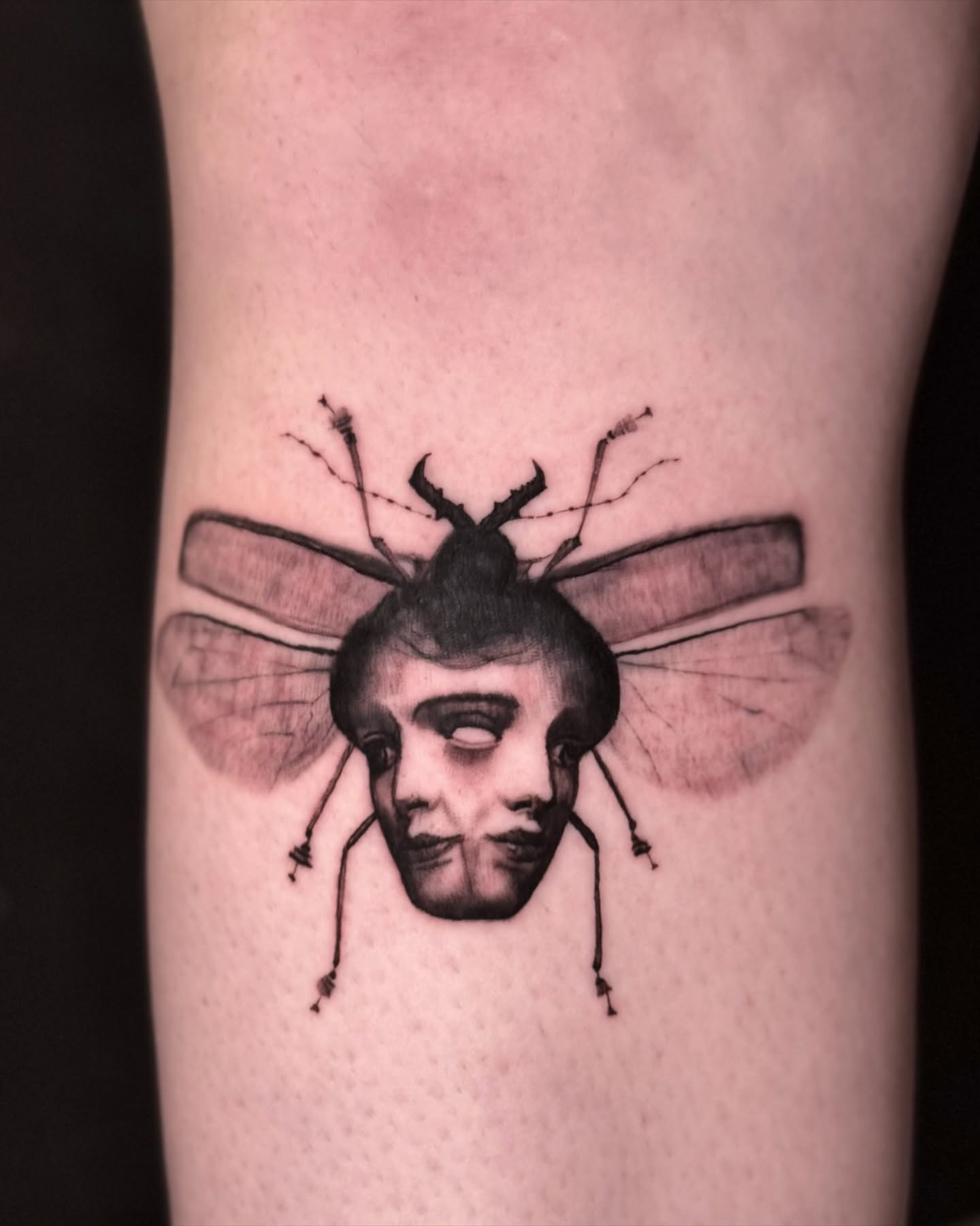 Insect-human hybrid realism tattoo on the forearm by Kbtattz
