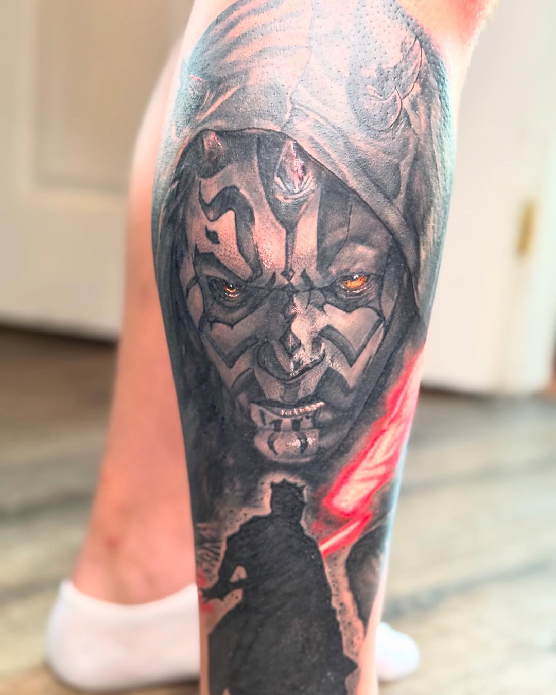Darth Maul from Star Wars realism tattoo on the calf by Aaron Ysidro