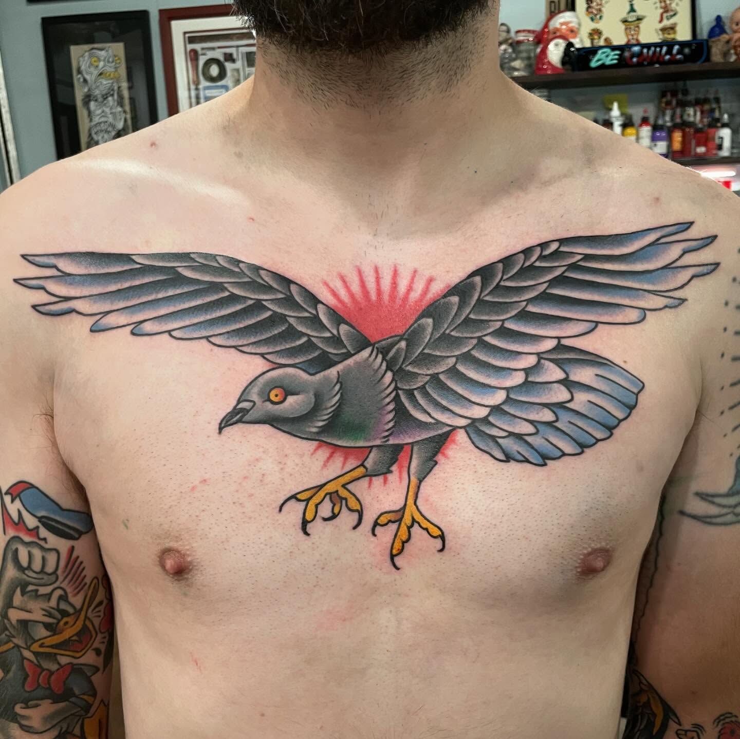 Bird American traditional tattoo on the chest by Grandma Approved, Chicago, Illinois