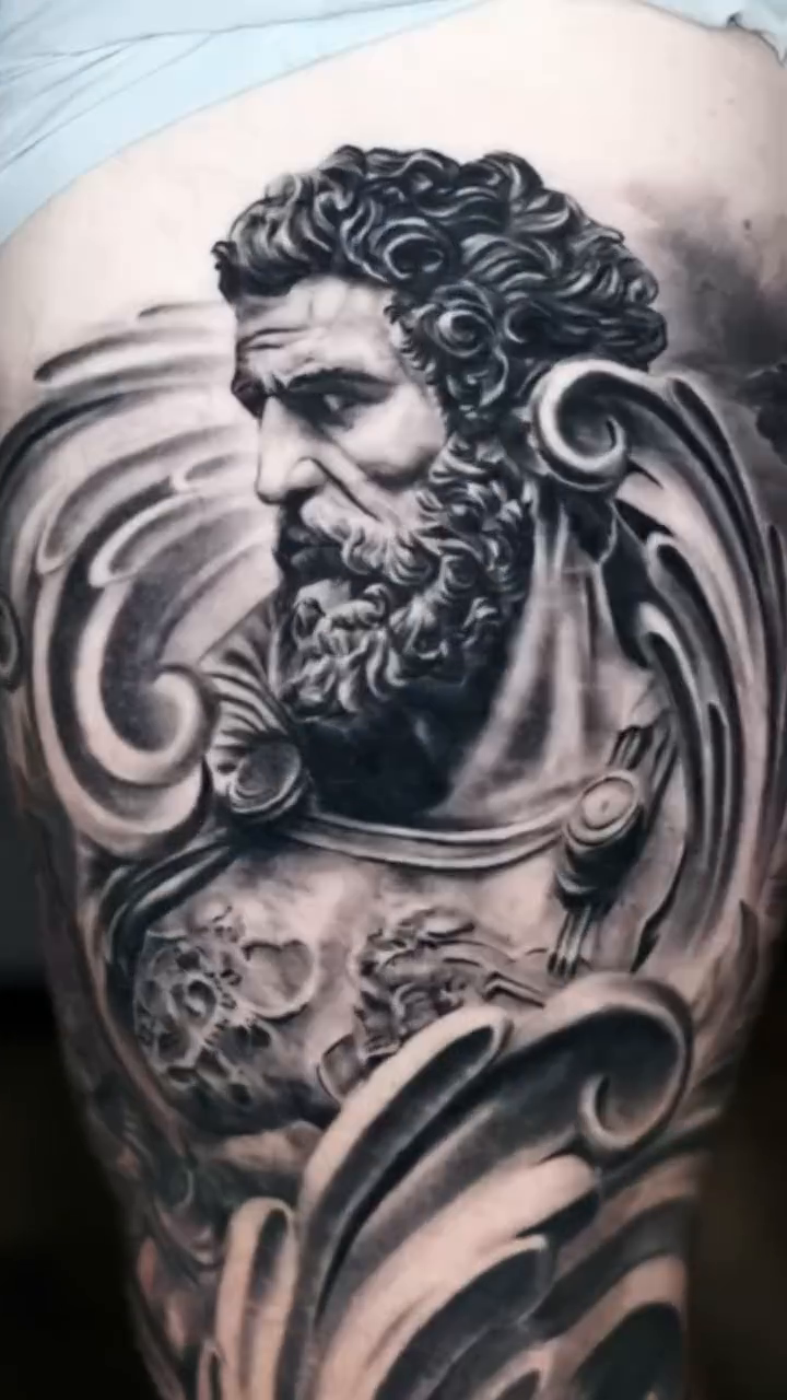 Bust of Hercules with architectural elements realism tattoo by Gregorio Devera