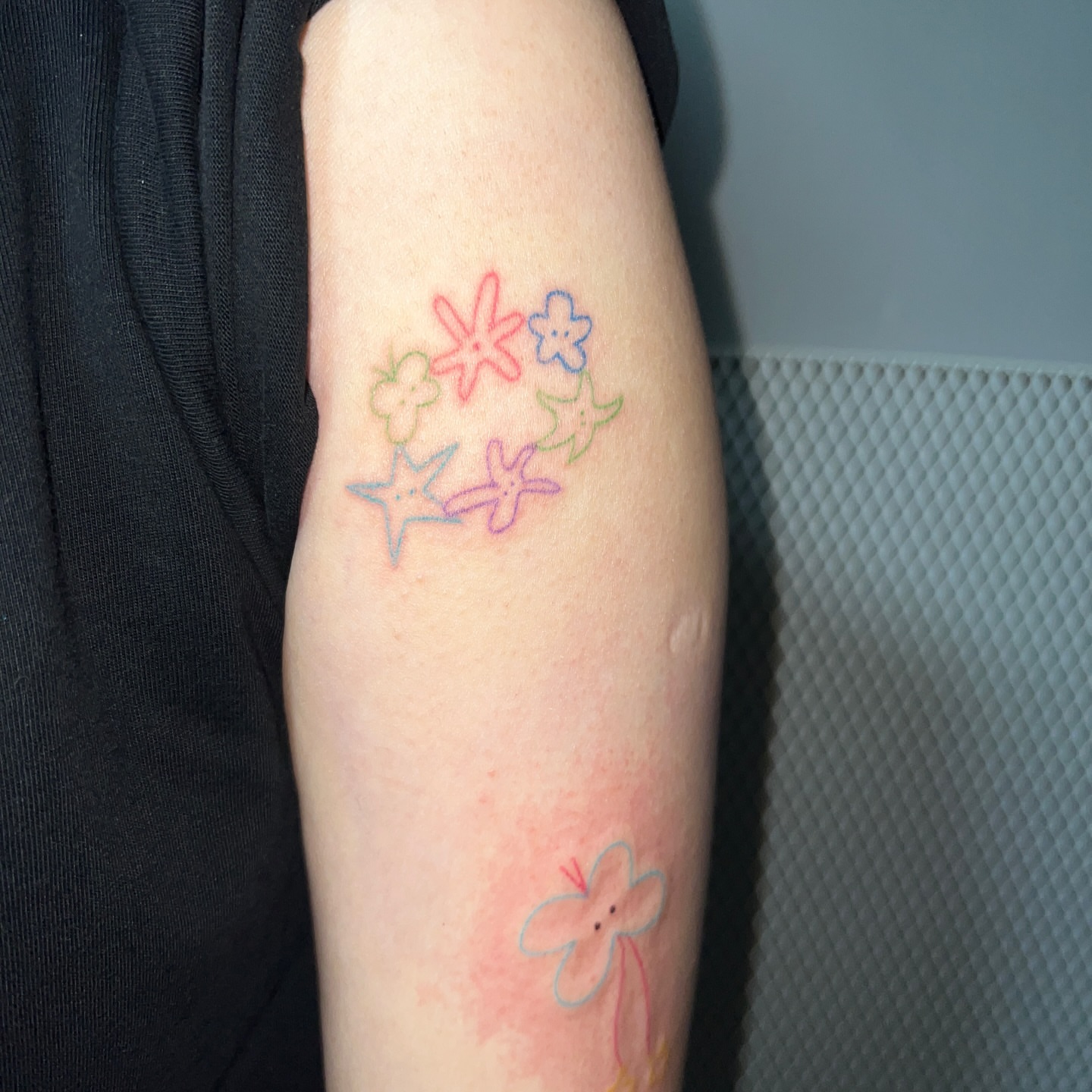 Flower new school tattoo on the forearm by Charlie
