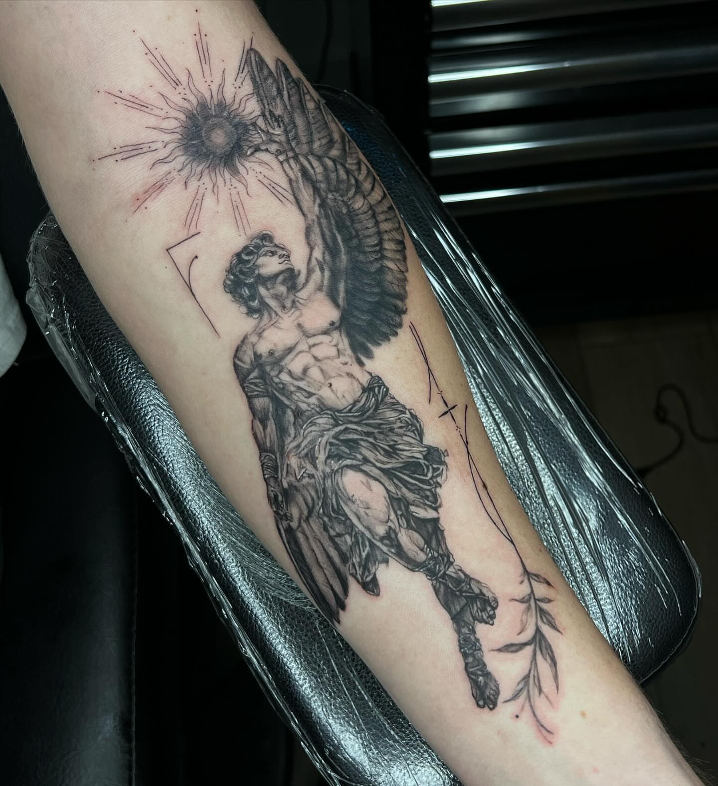 Angelic figure realism tattoo on the forearm by josselyn ☪︎