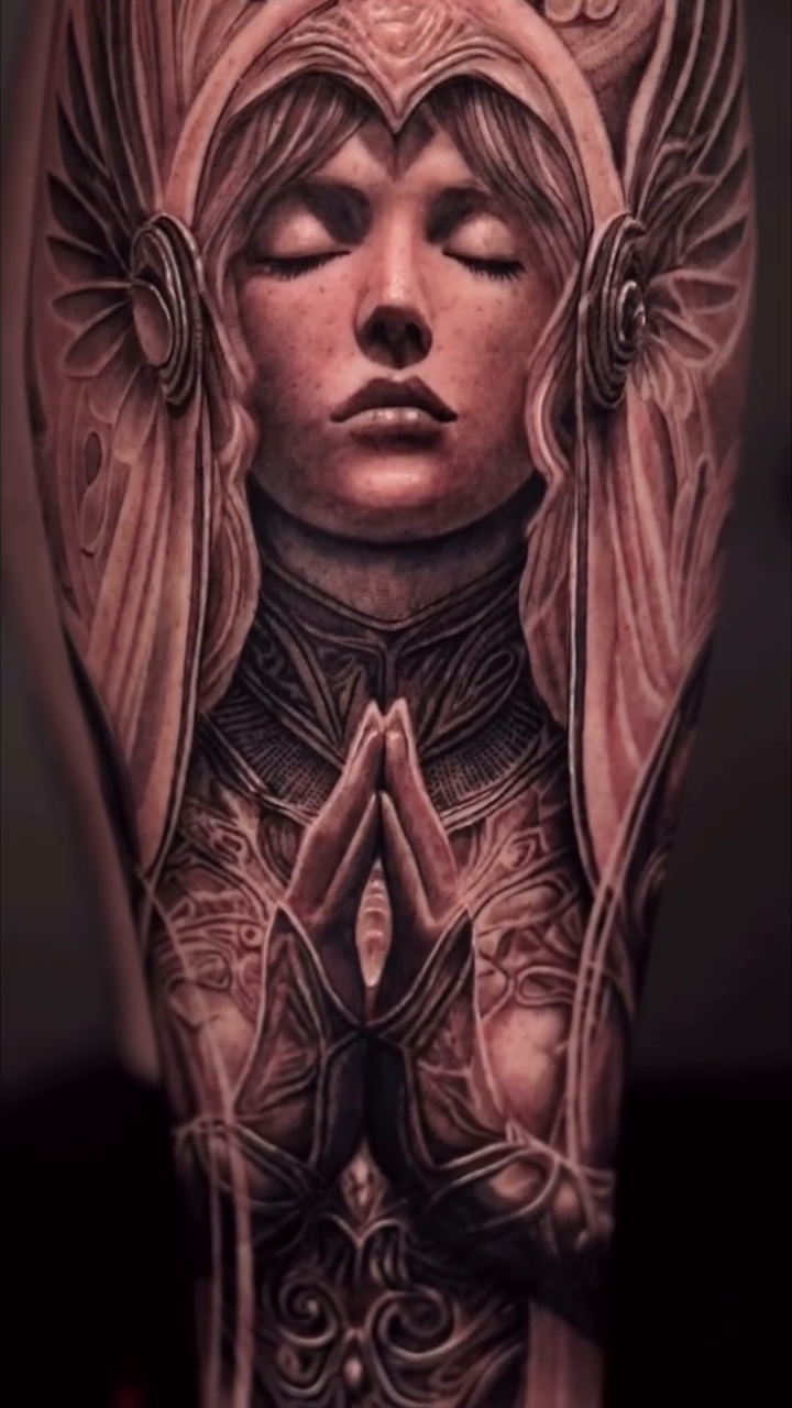Woman with praying hands realism tattoo by Steven tattoo
