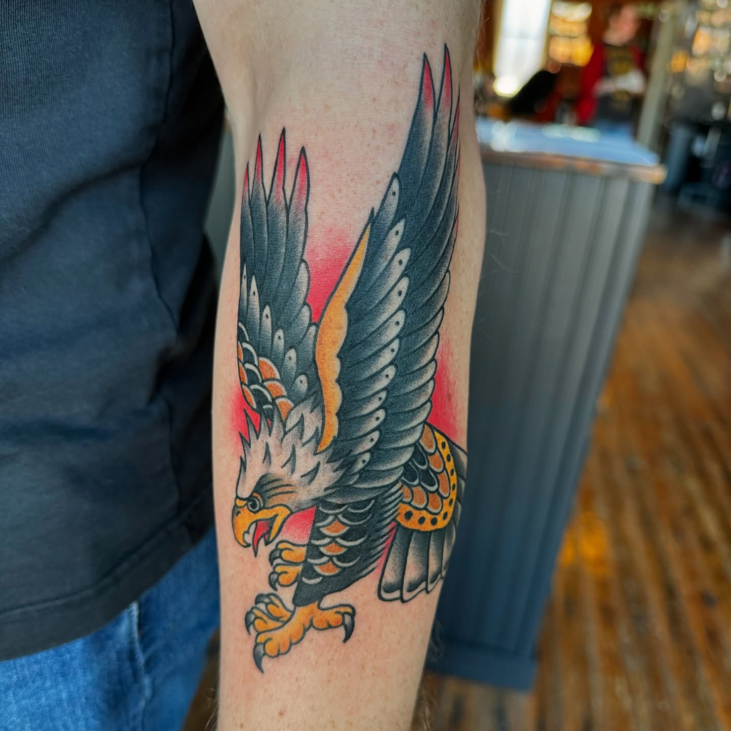 Eagle American traditional tattoo on the forearm by kenneth nash
