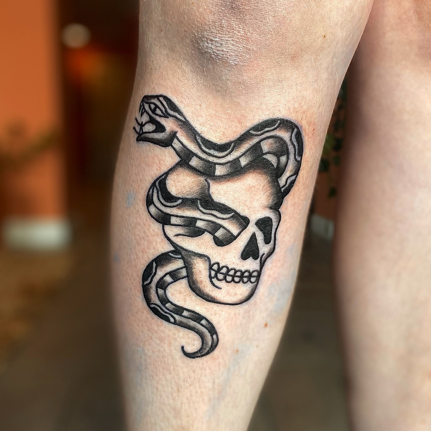Snake and skull black and grey tattoo on the forearm by Myka King