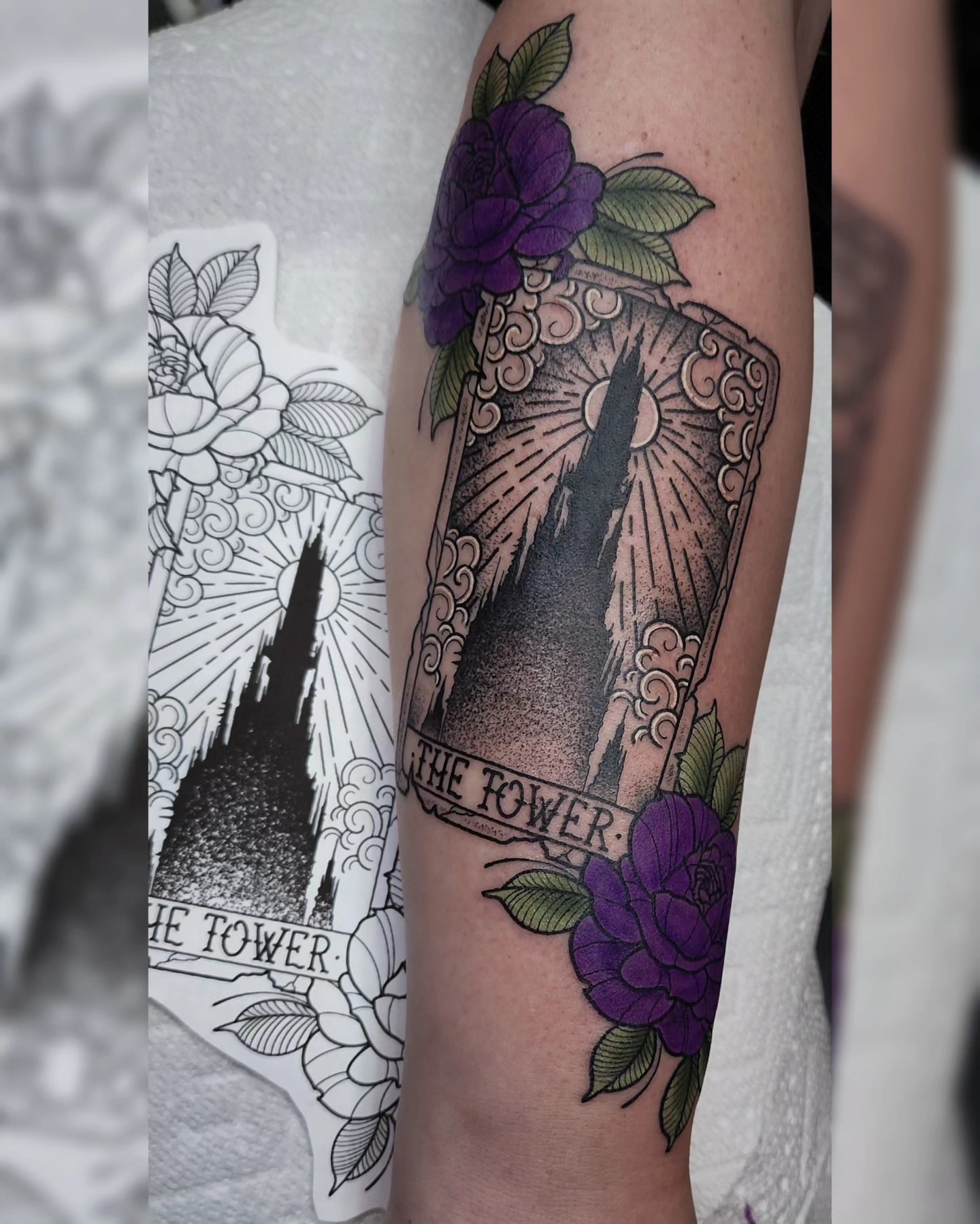 The tower dotwork tattoo on the forearm by Mariah Giovanna Hodgens