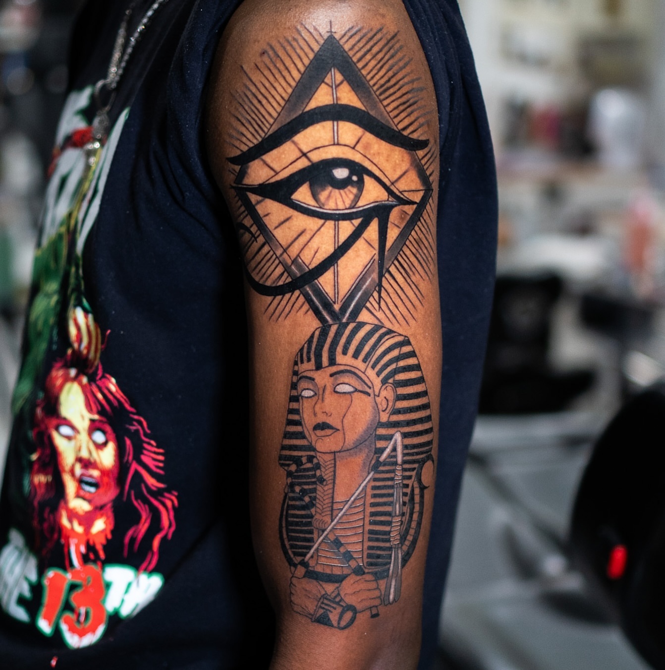 Eye of horus black and grey tattoo on the forearm by Jorden Ruppe