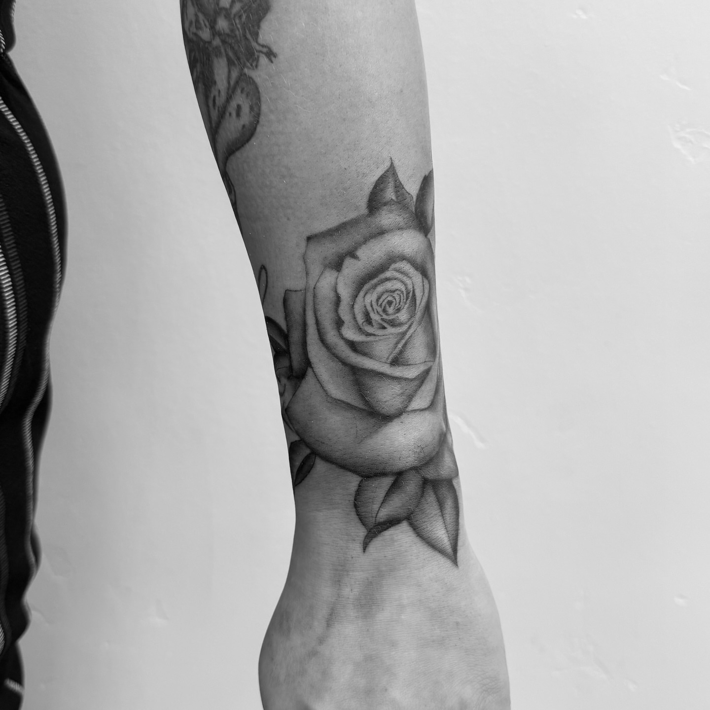 Rose black and grey tattoo on the forearm by Jess