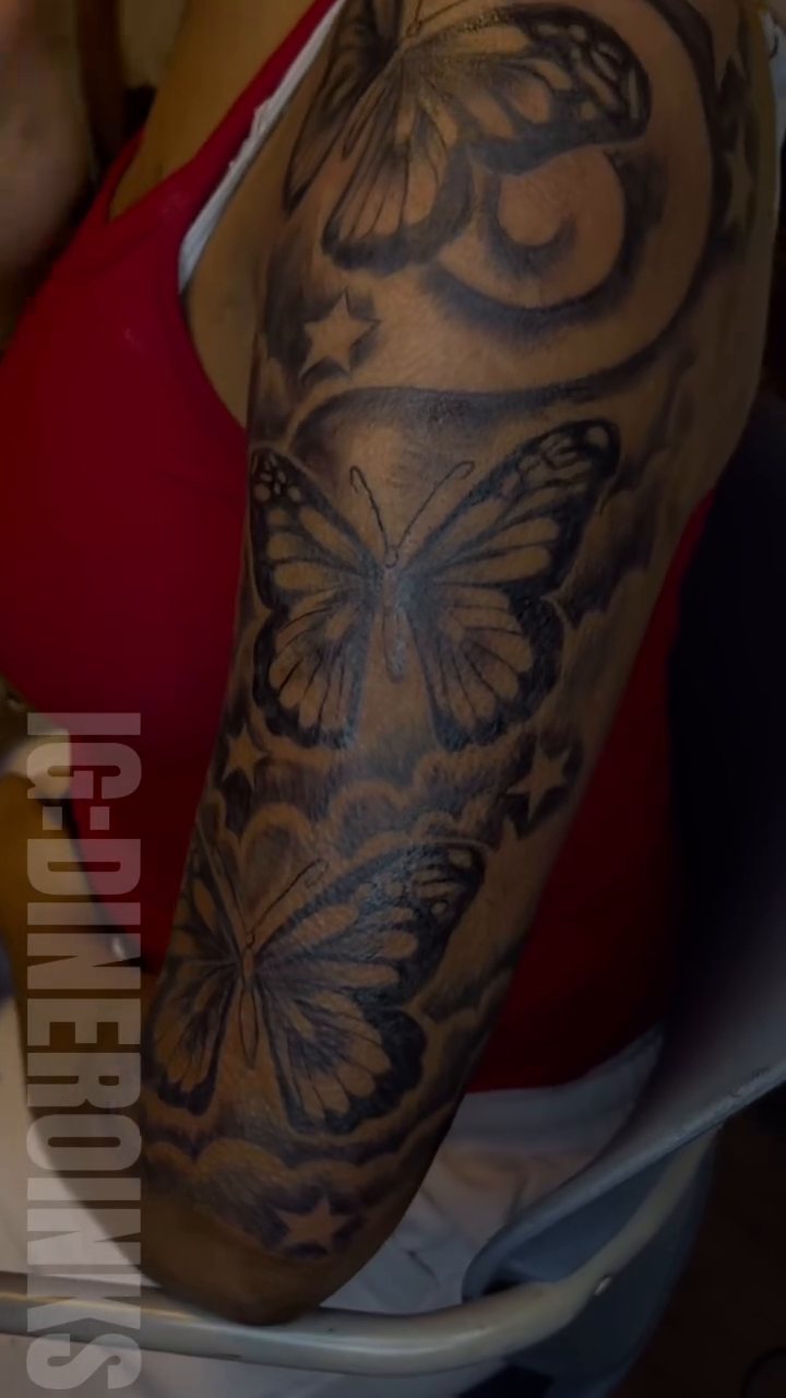 Butterflies and clouds realism tattoo by Dinero Inks