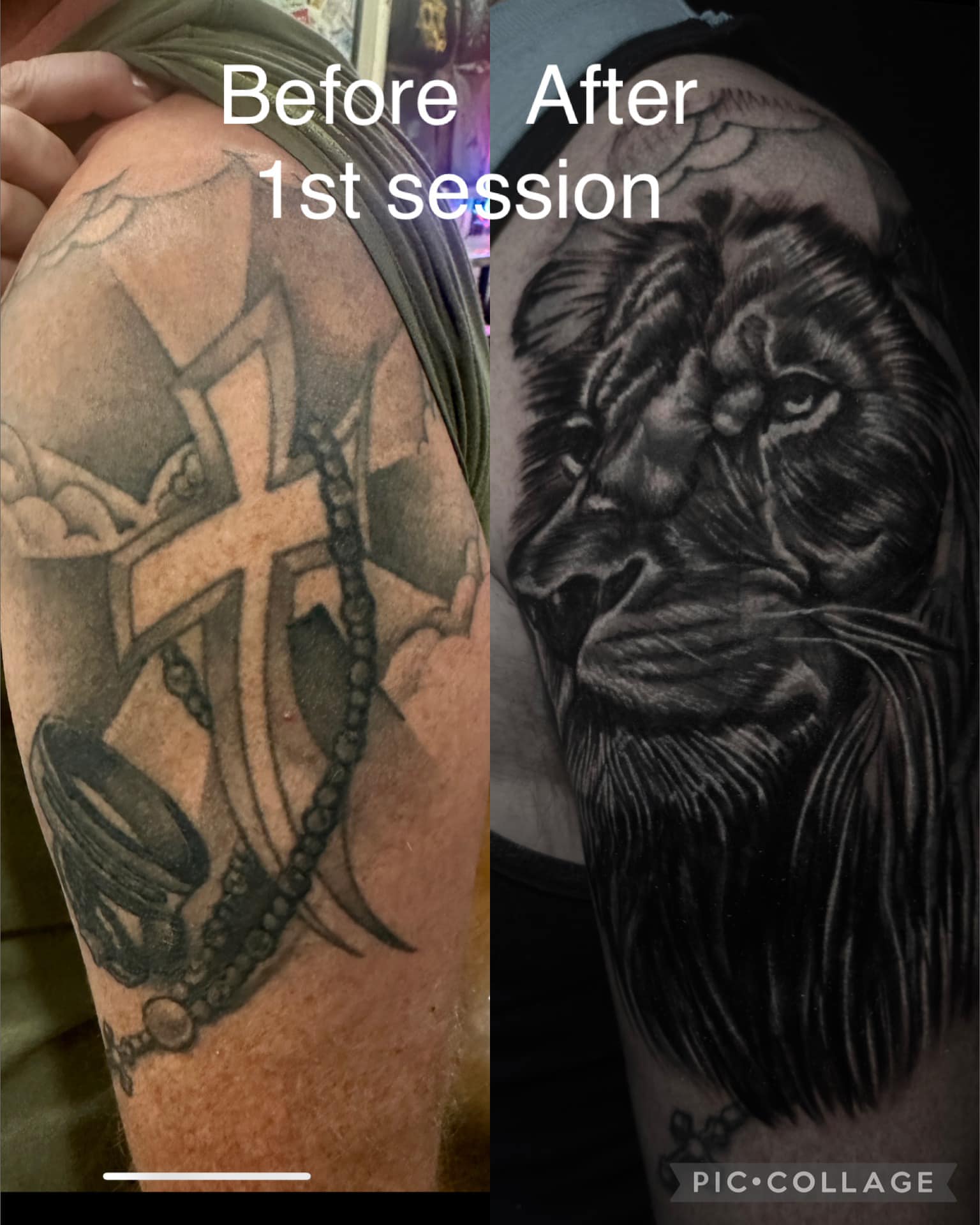 Lion realism tattoo on the shoulder by Jacob Martin, Toledo, Ohio