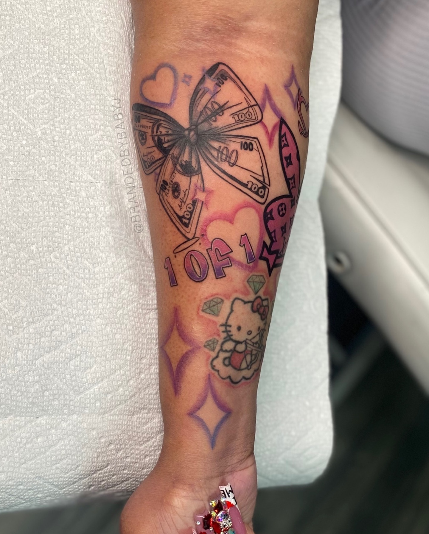 Money butterfly new school tattoo on the forearm by 𝔹𝔸𝔹𝕐 𝕁 ♡, Cincinnati, Ohio