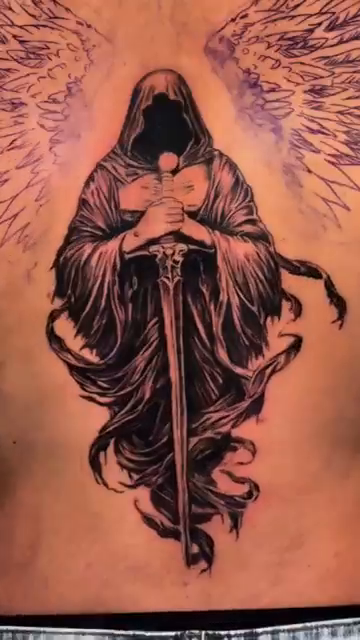 Grim Reaper with sword and wings dark realism tattoo by ⚜️ Osnay Tattoo Art ⚜️