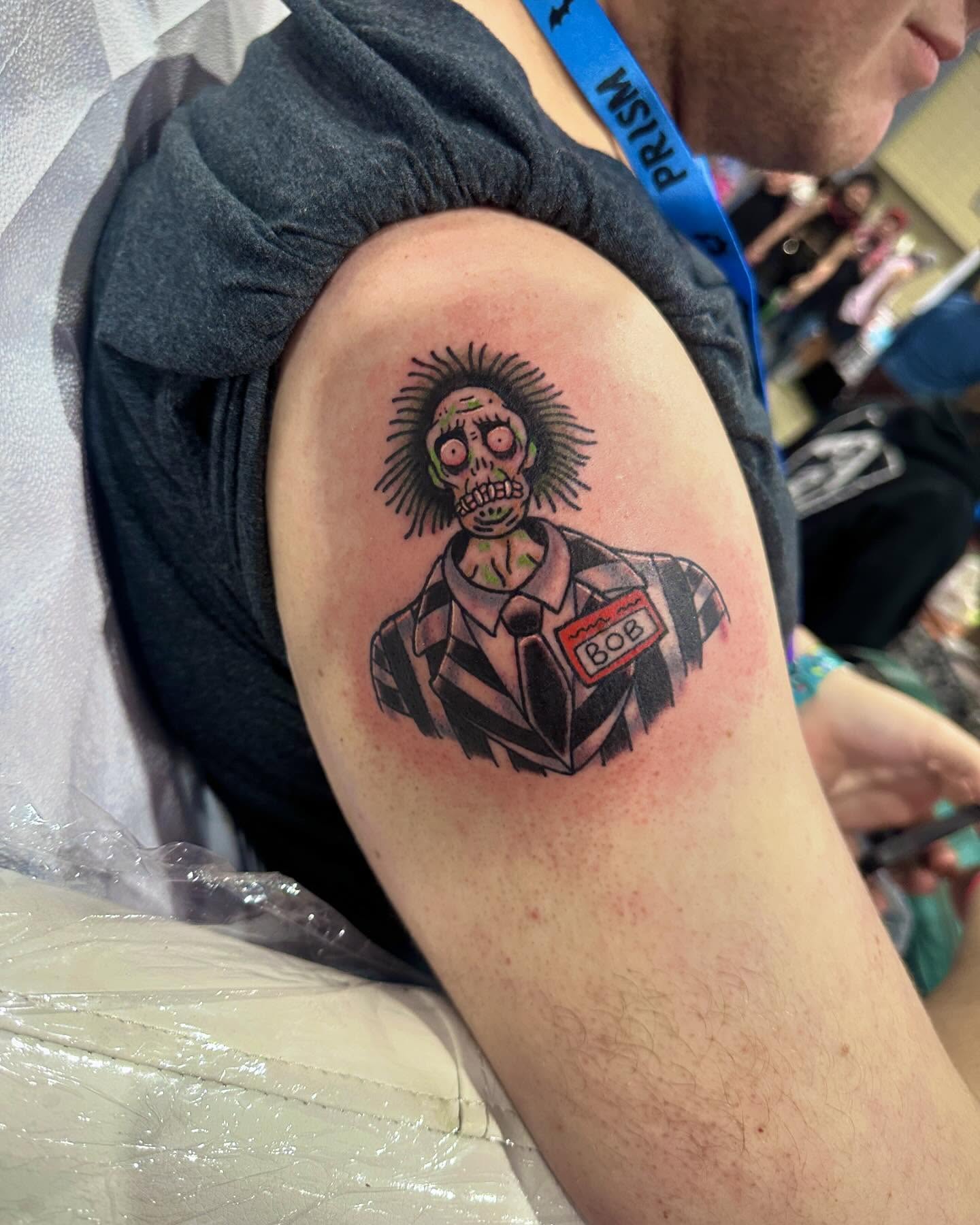 Zombie character American traditional tattoo on the shoulder by Annah Lea