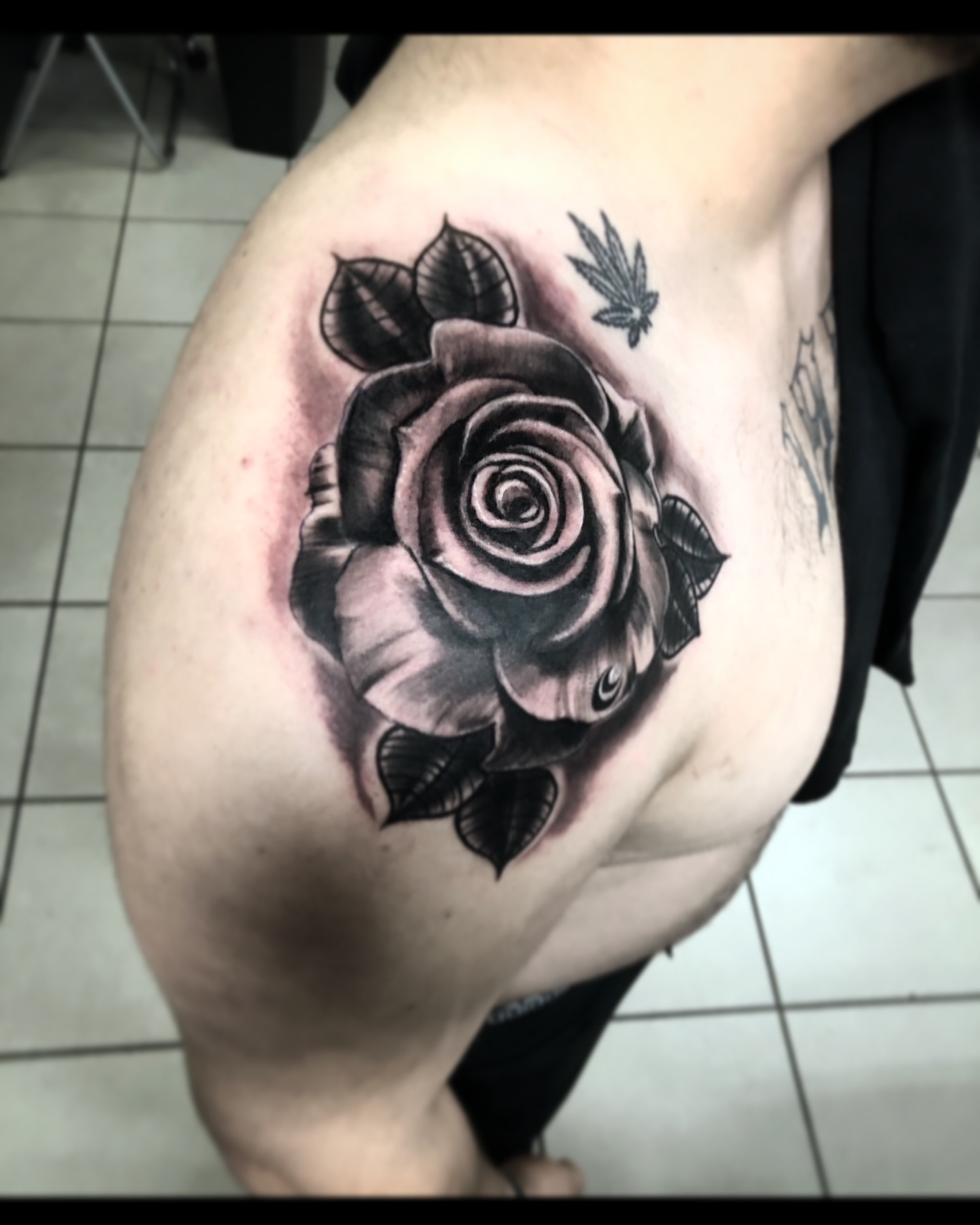 Rose black and grey tattoo on the shoulder by ♟️SouthEastLA♟️
