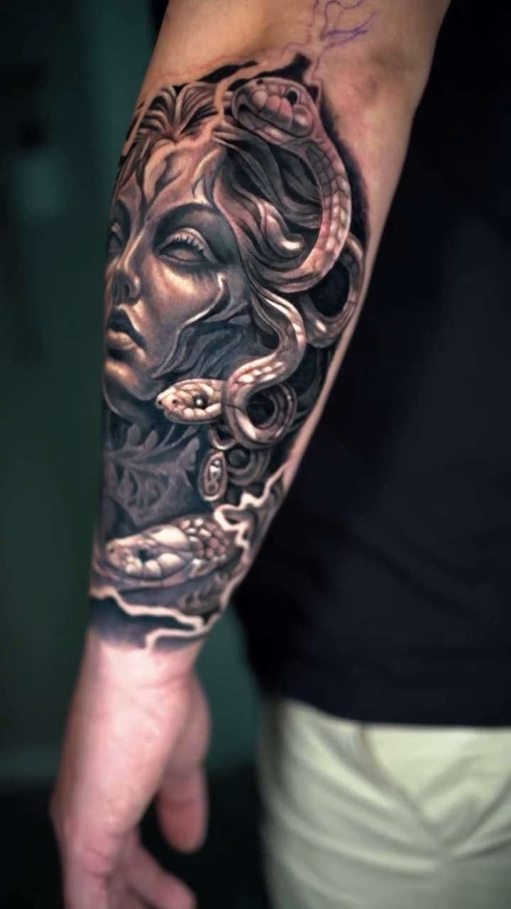 Medusa with snakes realism tattoo by Ricardo javier Gil, Dallas, Texas