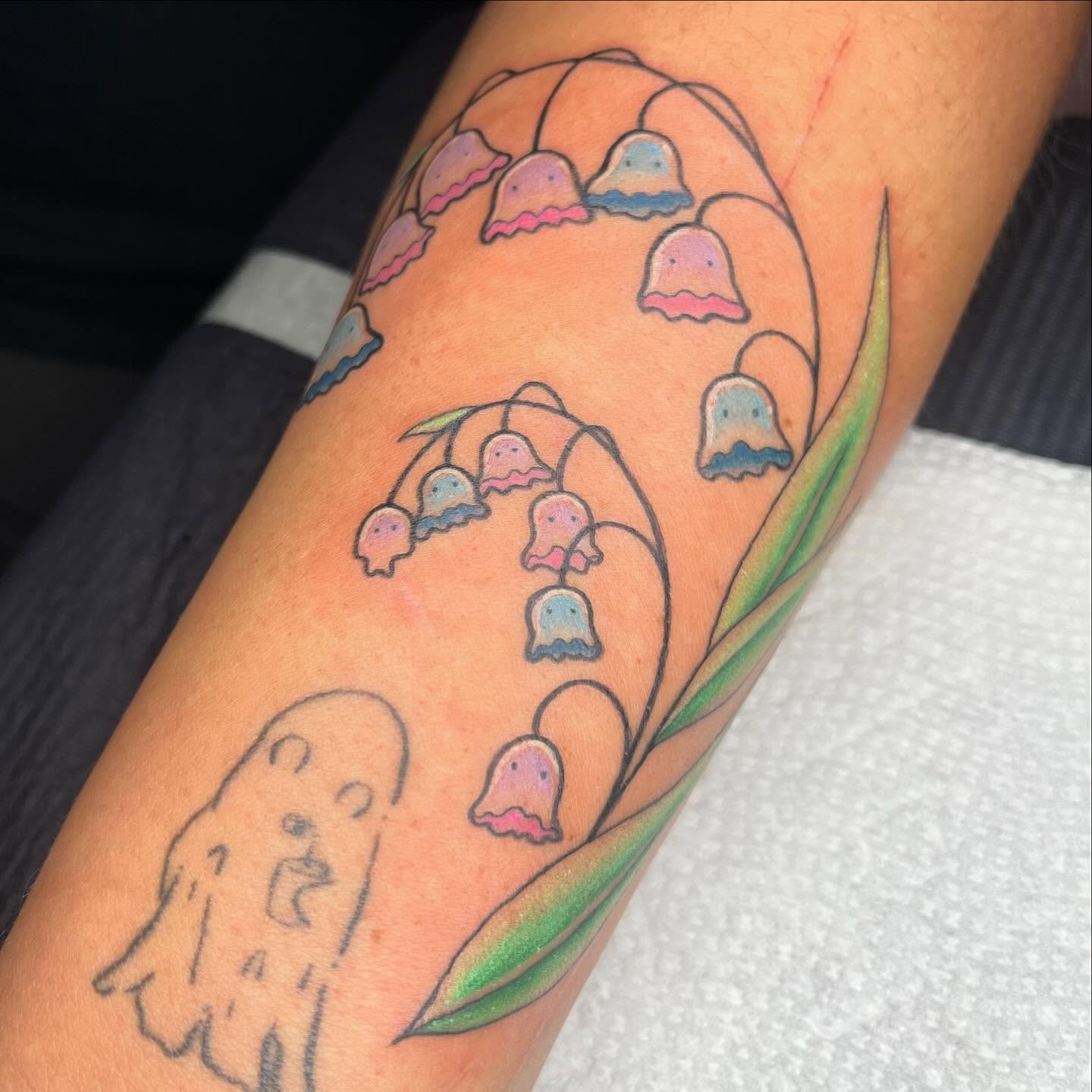 Bell-shaped ghosts new school tattoo on the forearm by Krystal ✨