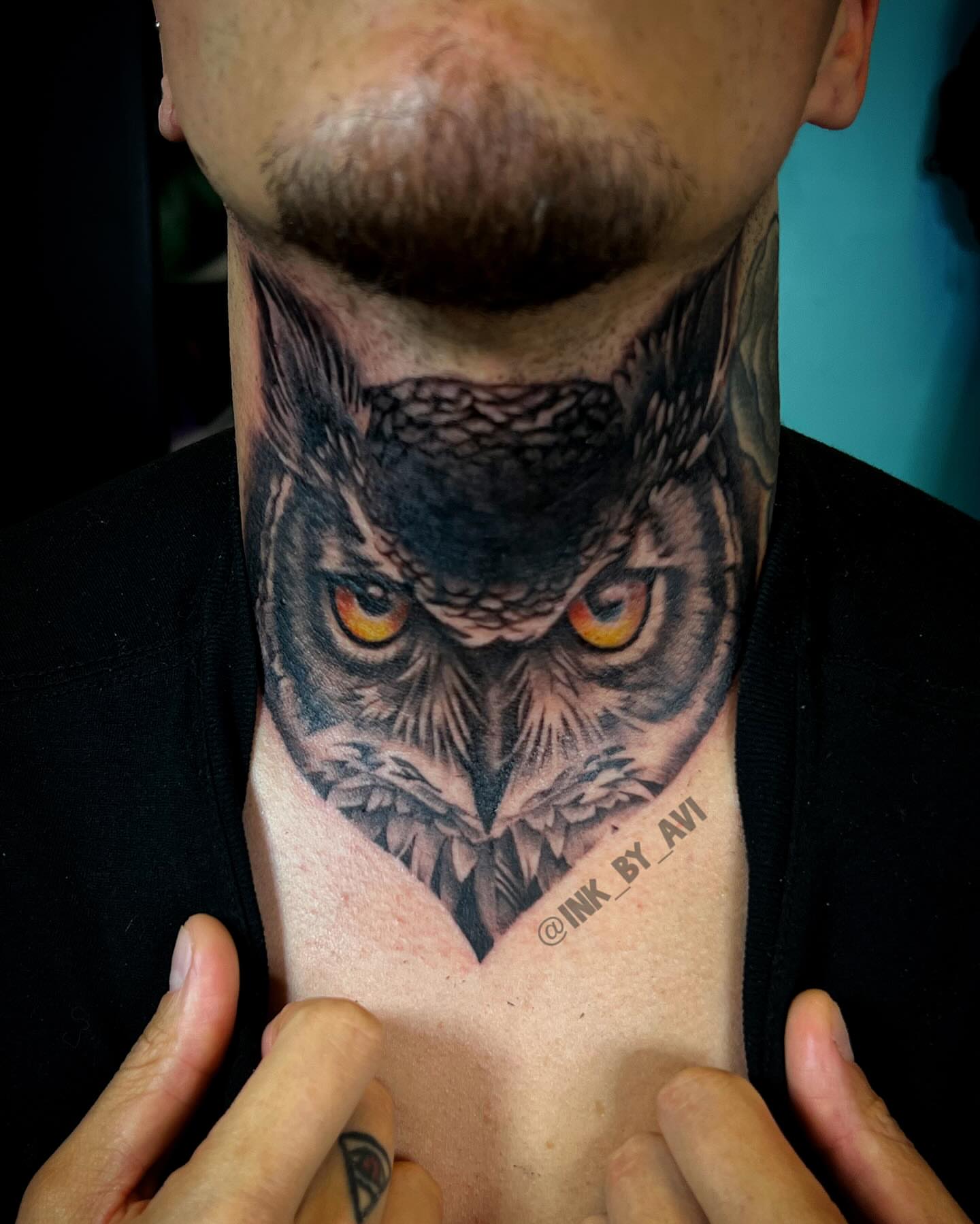 Owl realism tattoo on the neck by Avi, Cleveland, Ohio