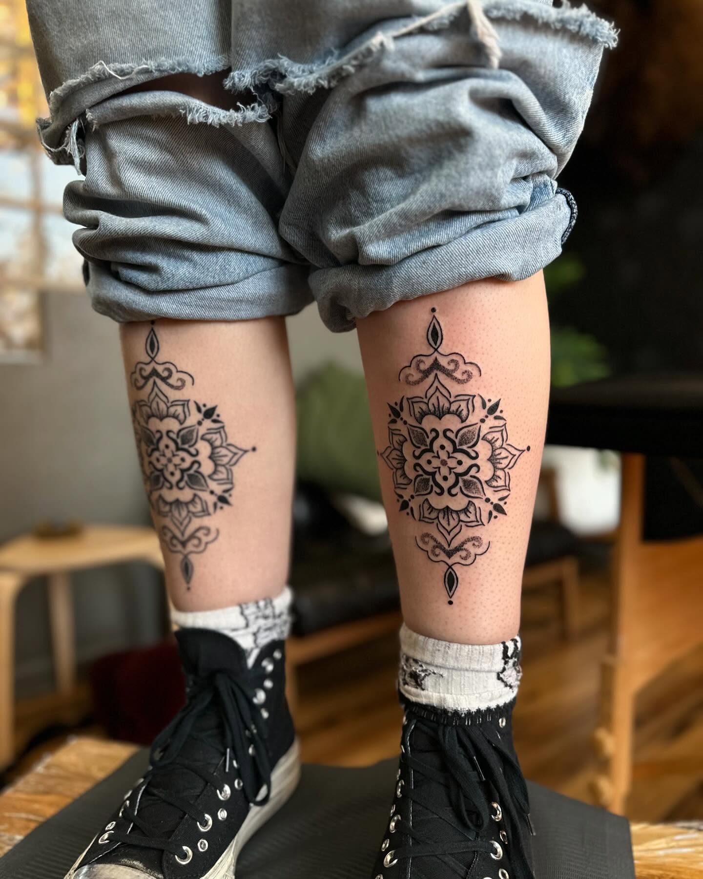 Mandala black and grey tattoo on the calf by Kerusha (Bay Area Tattoo Artist)
