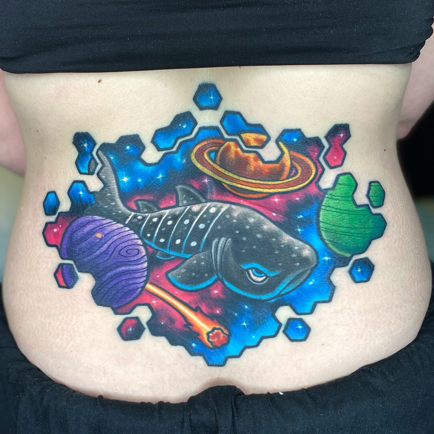 Space whale dotwork tattoo on the torso by T Dubs ✏️