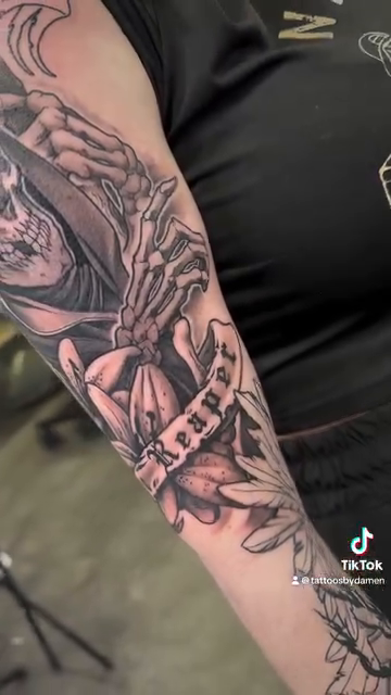 Grim Reaper with flowers and banner dark realism tattoo by ✥ Daemon Downing ✥ Kansas Tattoo Artist ✥, Wichita, Kansas