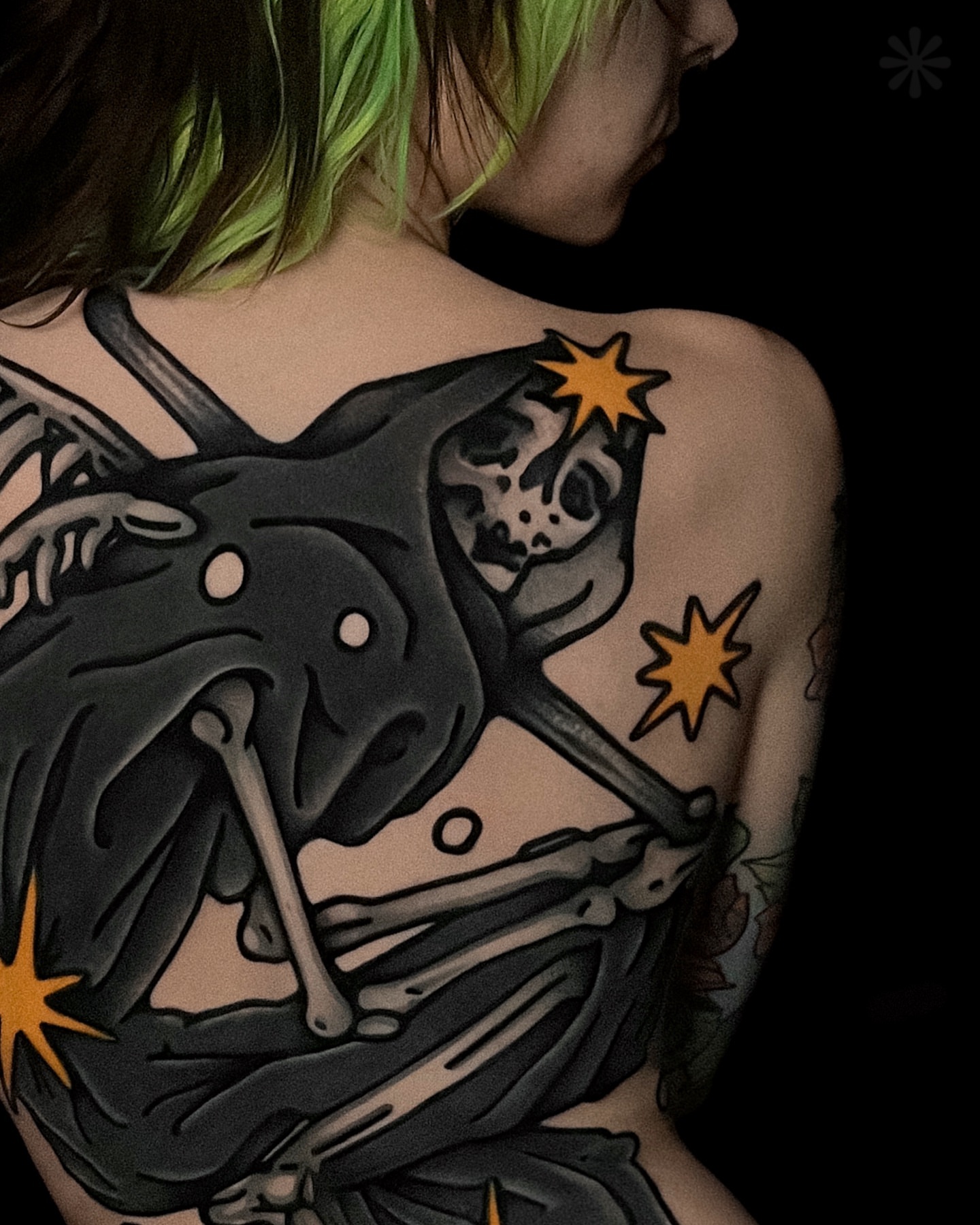 Skeleton with stars American traditional tattoo on the back by Last Year Of Disaster