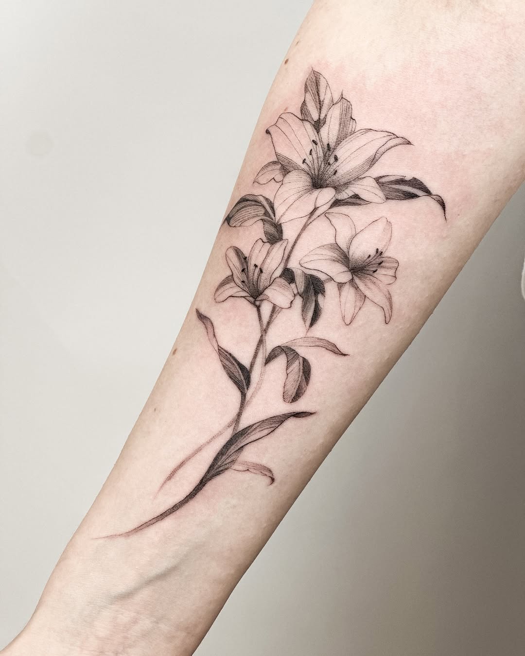 Lily flowers fine line tattoo on the forearm by Liv
