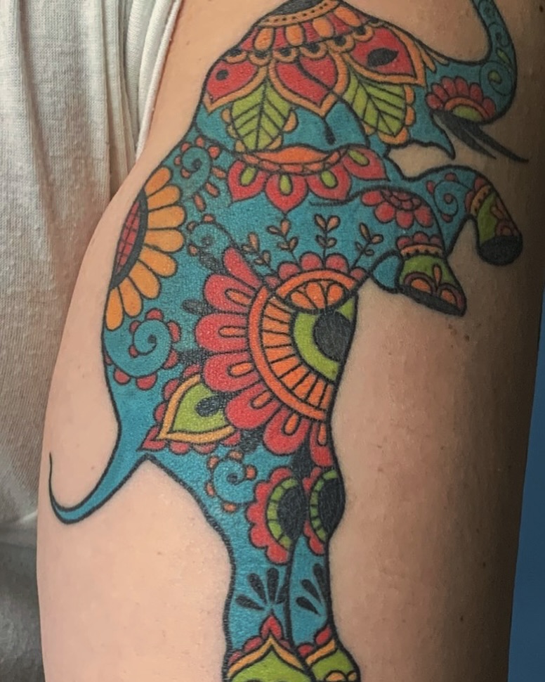 Elephant Chicano tattoo on the forearm by Lisa Nikolopoulos, New York, New York