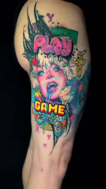 Gamer girl with controller new school tattoo by Tattoo artist in Seattle, WA