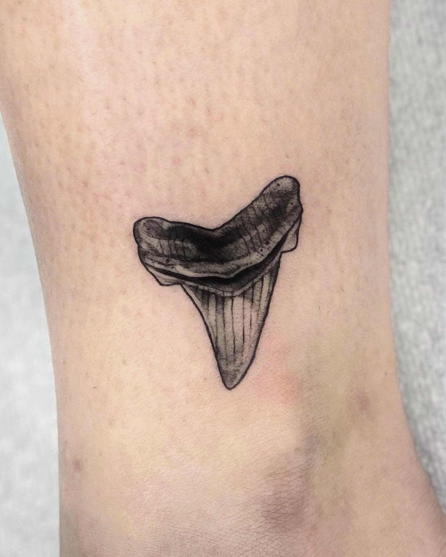 Shark tooth black and grey tattoo on the forearm by jada