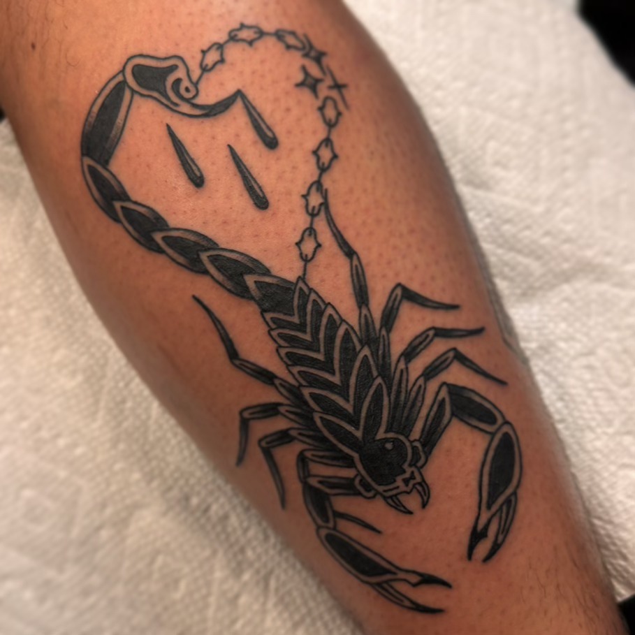 Scorpion black and grey tattoo on the forearm by Drew McElveney, Austin, Texas