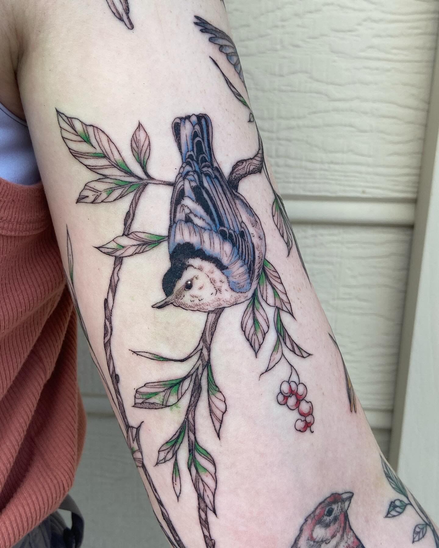 Bird and branch realism tattoo on the forearm by Libbey June @ Snailberry Studios- NW OHIO