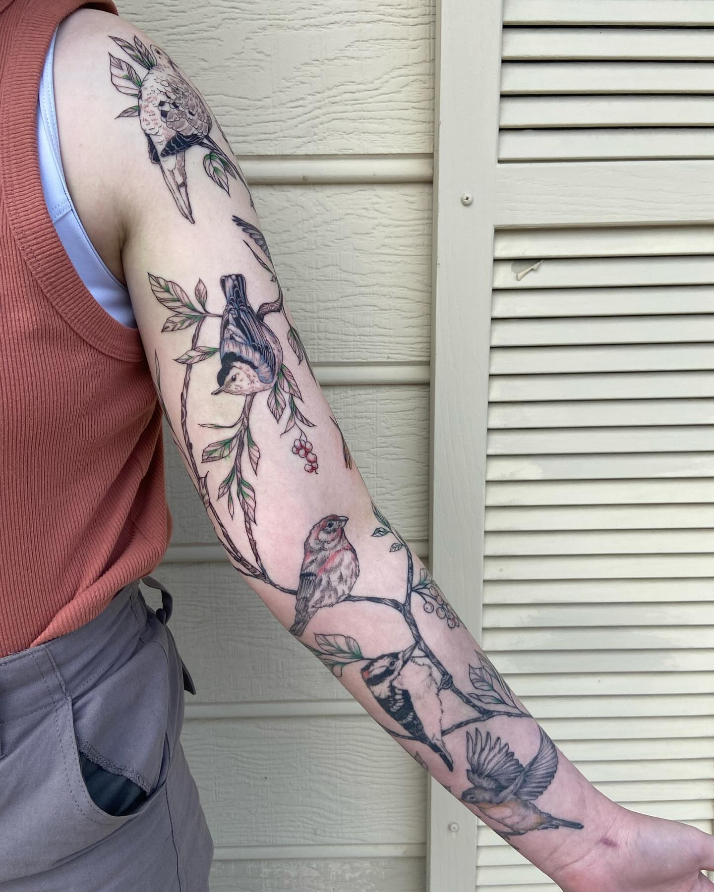 Birds and branches American traditional tattoo on the forearm by Libbey June @ Snailberry Studios- NW OHIO