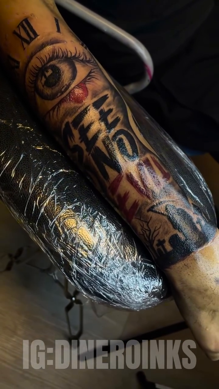 Eye and text realism tattoo by Dinero Inks