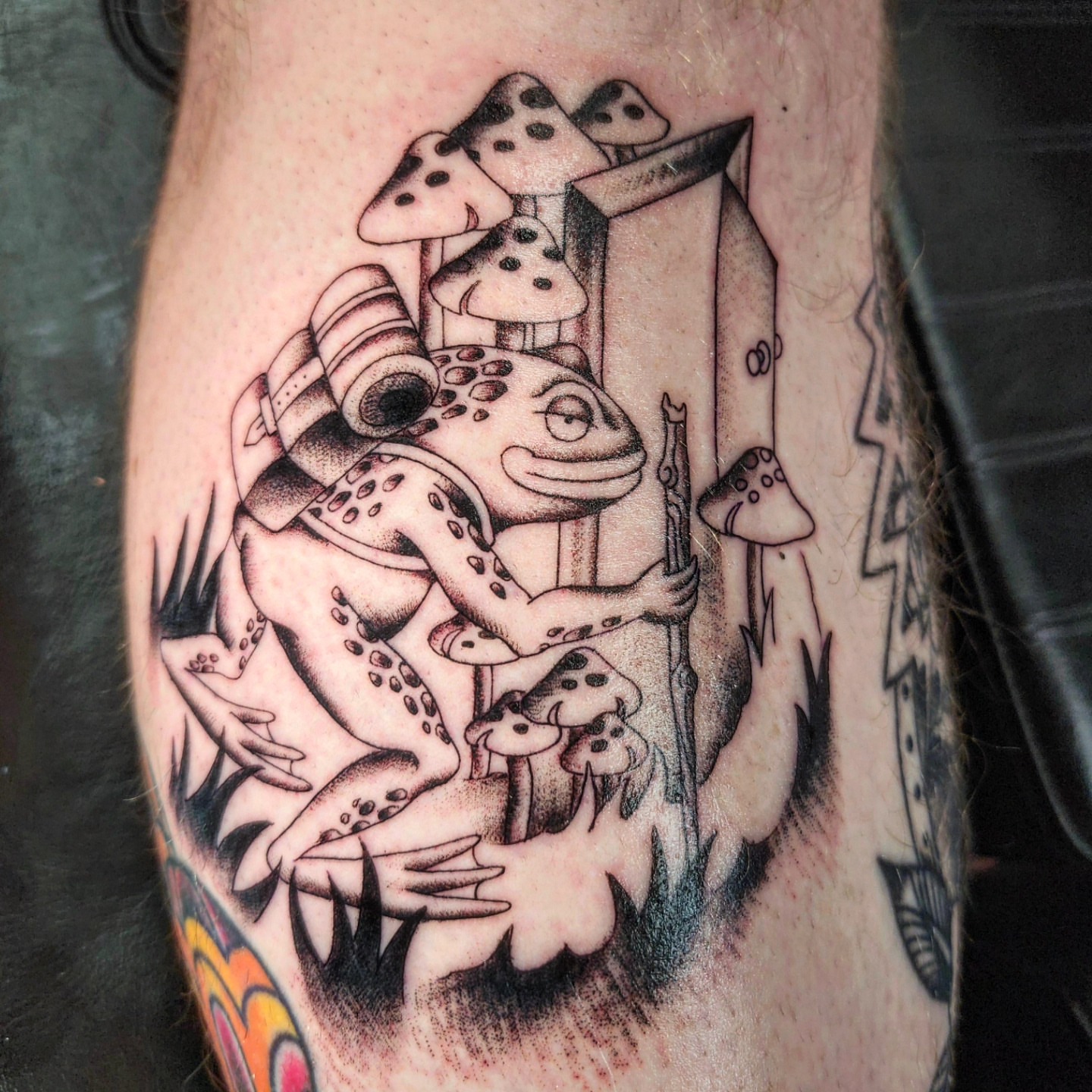 Frog and mushrooms dotwork tattoo on the forearm by CASEY JENSEN ✨ Fort Collins CO