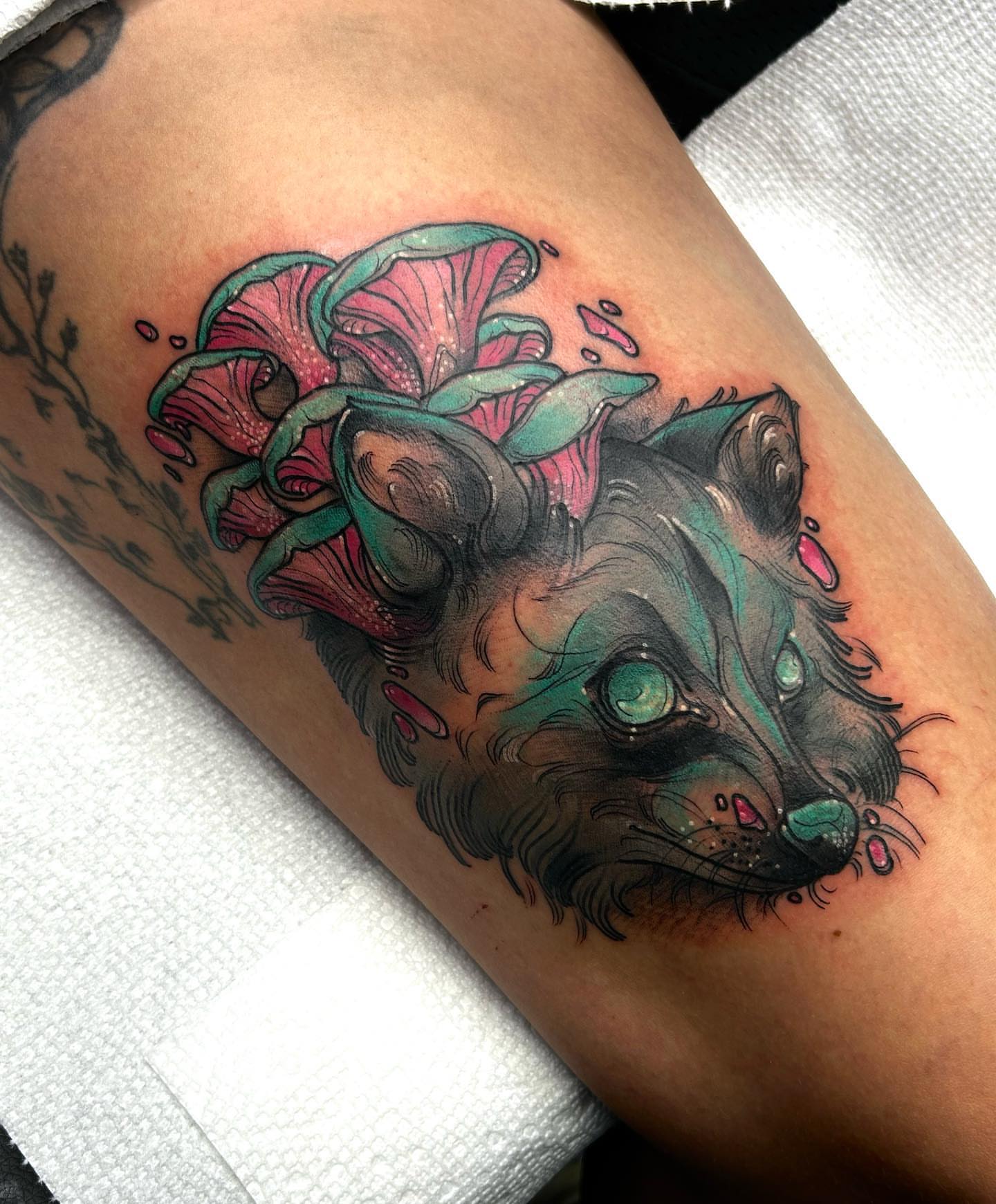 Fox and mushrooms new school tattoo on the thigh by Tatijana., Kettering, Ohio