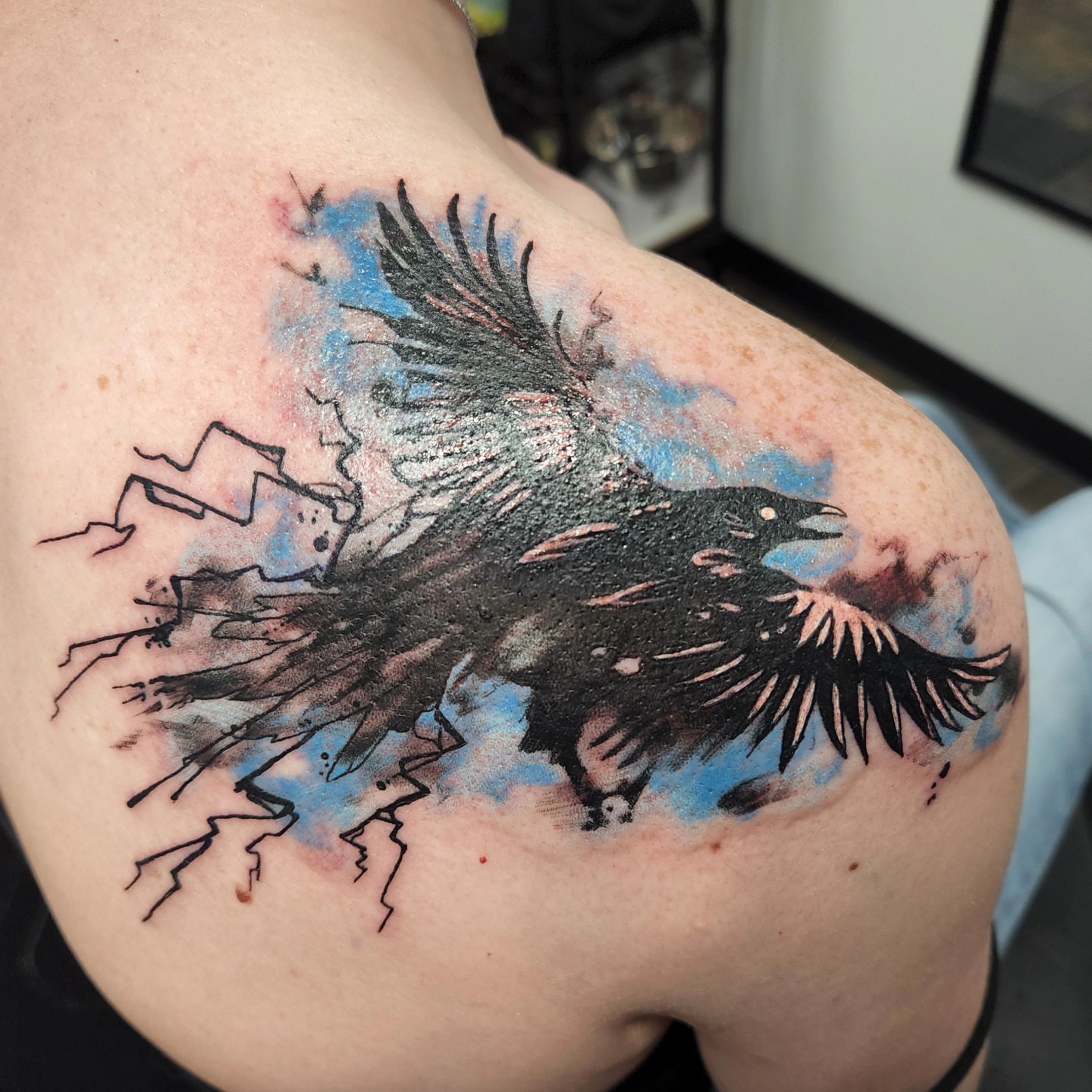 Crow watercolor tattoo on the shoulder by Samantha Von Zombia, Saint Paul, Minnesota