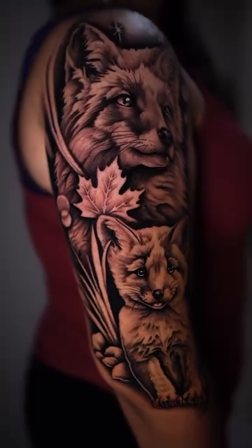 Foxes and maple leaves realism tattoo by Esto