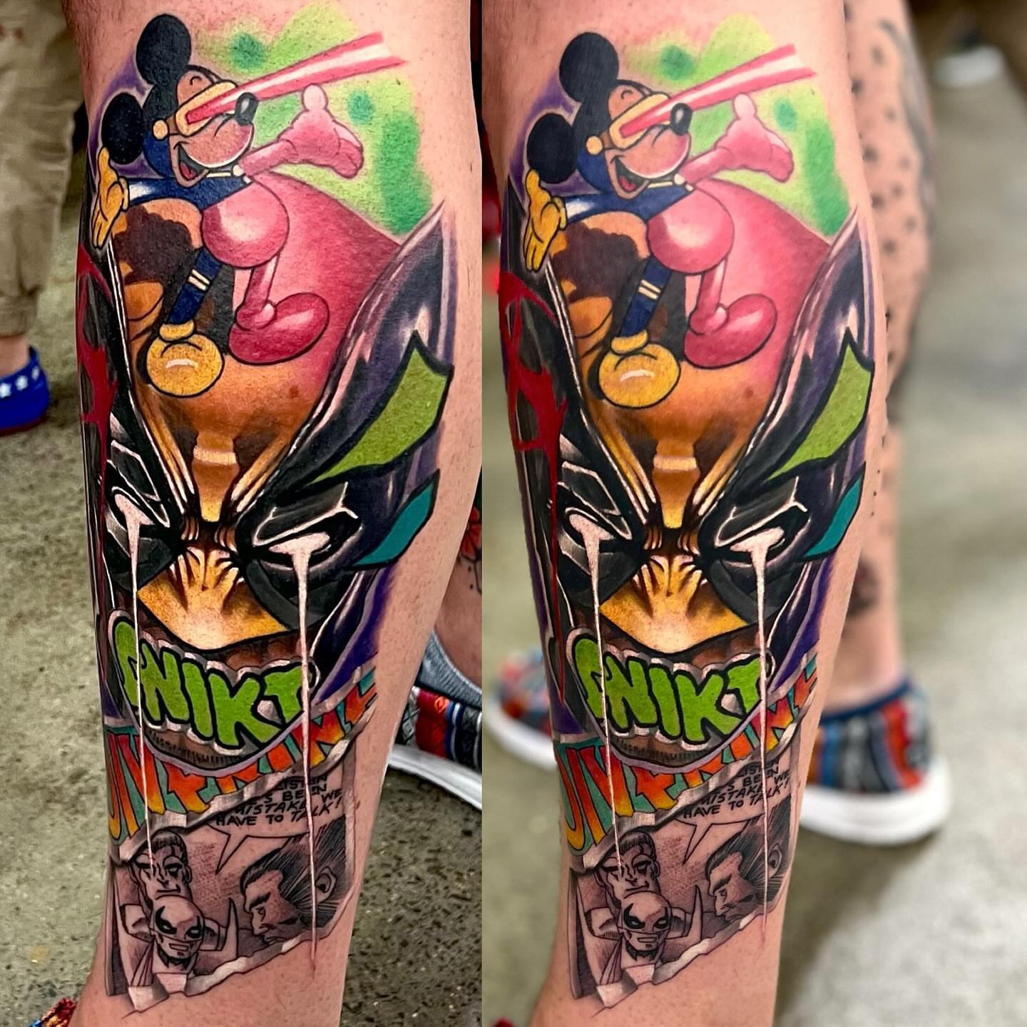 Mickey mouse new school tattoo on the calf by Randy Templin Tattoo Artist, Virginia Beach, Virginia