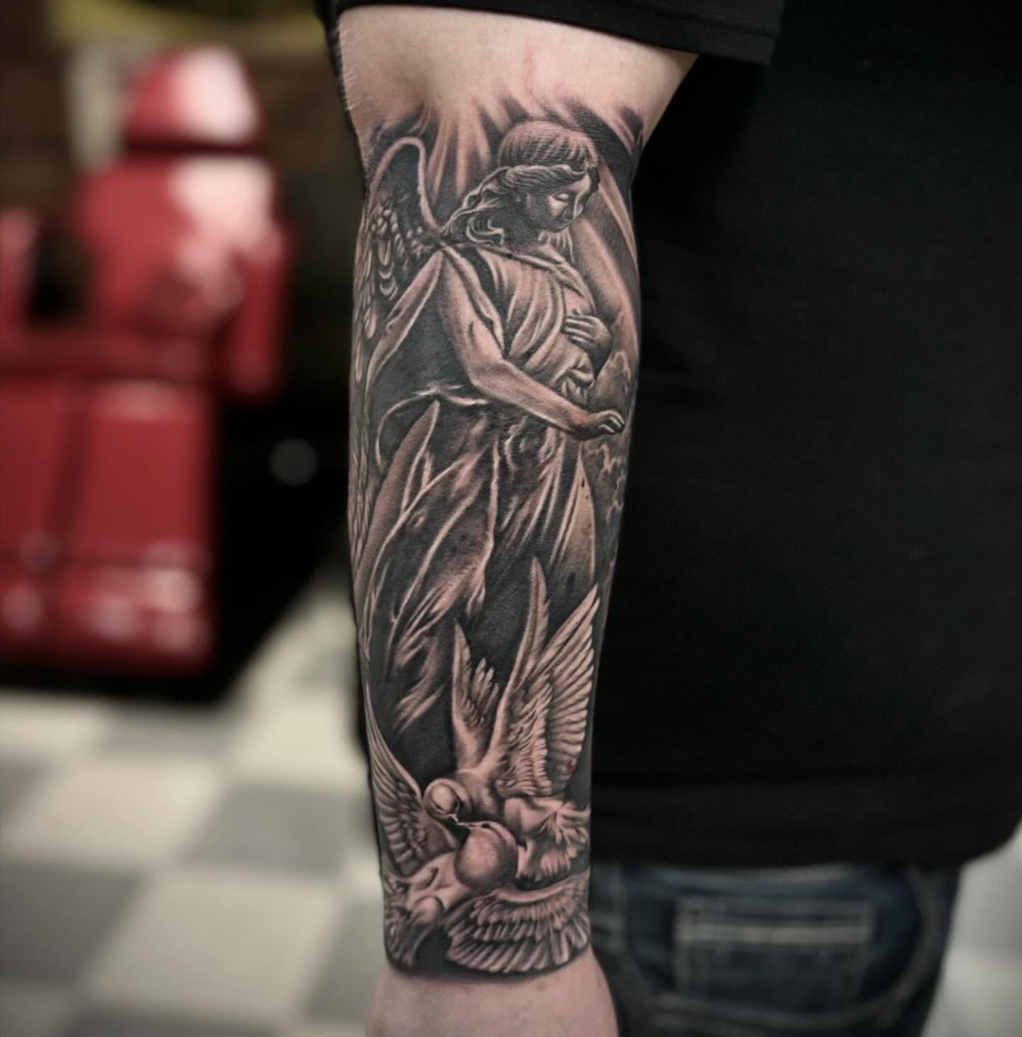 Angel with dove realism tattoo on the forearm by ๐๐๐๐๐๐๐ ๐ฌ.๐ผ