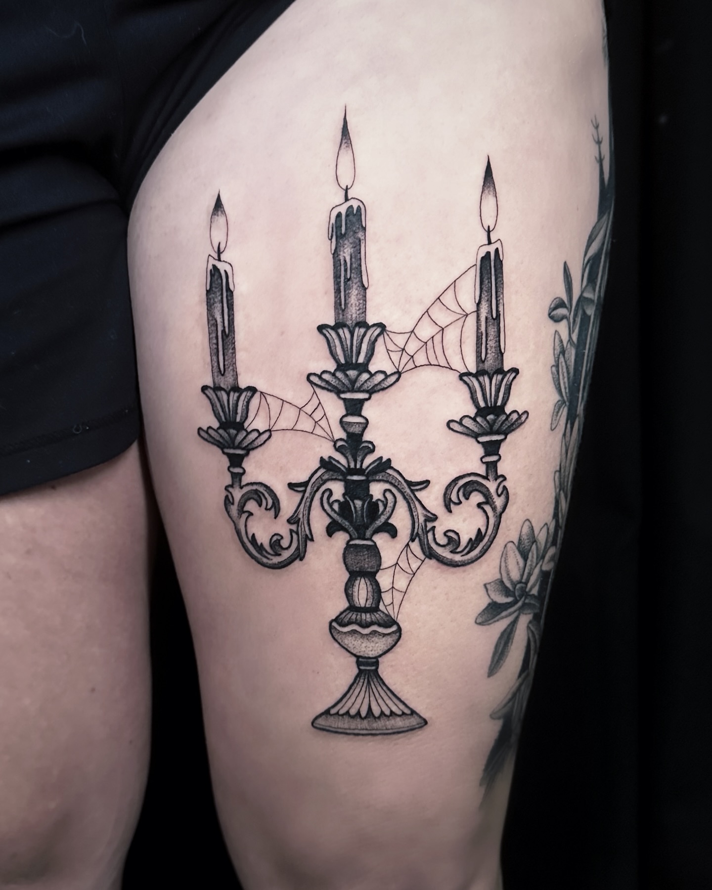 Candelabra black and grey tattoo on the thigh by 🕸 ᴠɪᴠɪᴀɴ ʟᴏʀᴇ 🕸, Nashville, Tennessee