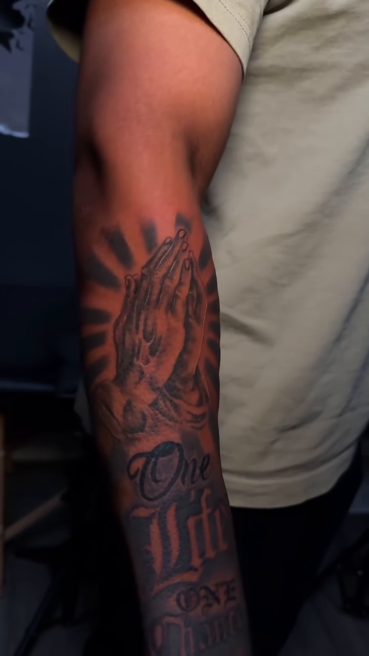 Praying hands with text lettering script tattoo by Atl Tattoo Artist✍🏾👨🏾‍🎨