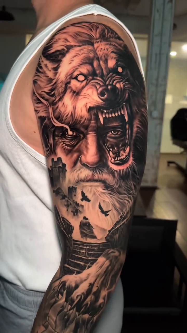 Wolf and old man realism tattoo by 𝐉𝐨𝐧 𝐒𝐚𝐧𝐭𝐨𝐬