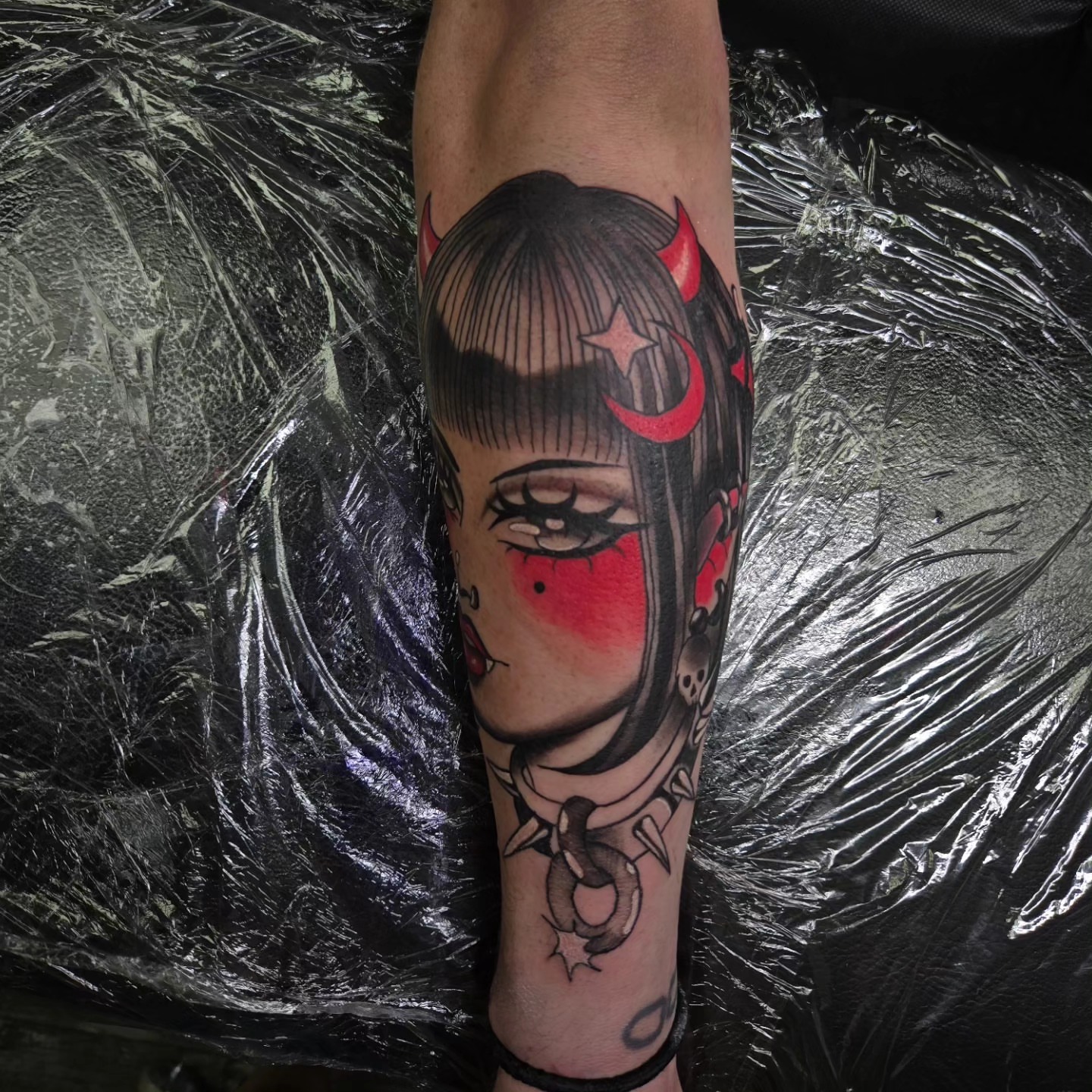 Woman with horns dark realism tattoo on the forearm by Gabrielle Esperanza ☽。⋆