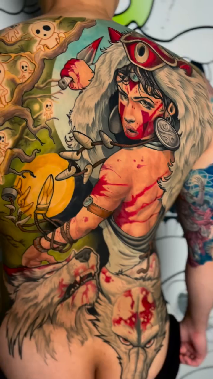 Mononoke Hime character with surrounding elements japanese irezumi tattoo by Jon Ronzka
