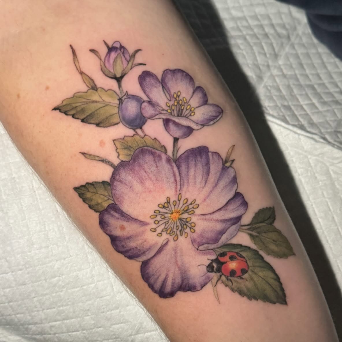 Purple flowers and ladybug realism tattoo on the forearm by đź’›Kristinađź’› tattoos with intention, Minneapolis, Minnesota