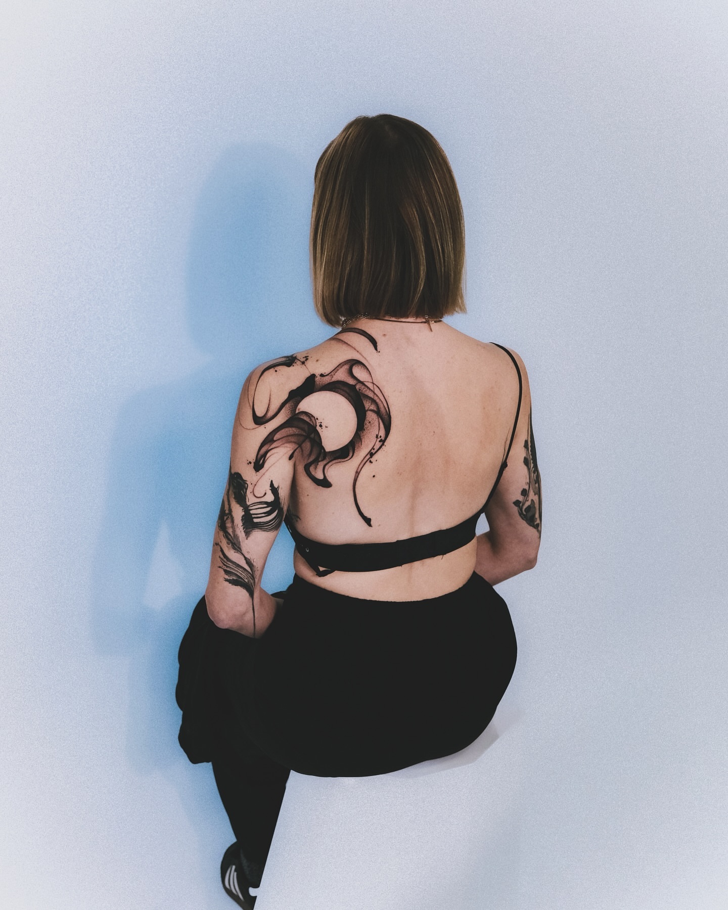 Abstract swirl black and grey tattoo on the back by Perth tattoo 류, Perth, Western Australia