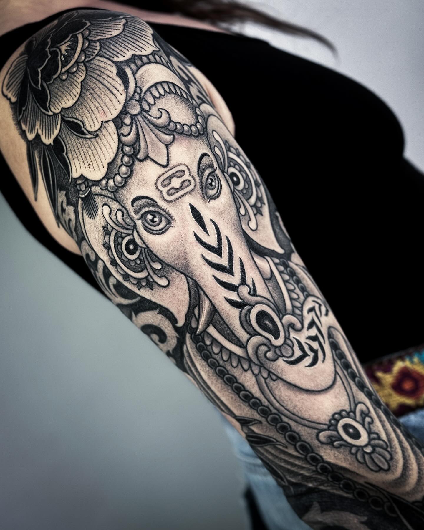 Elephant head ornamental tattoo on the forearm by Aries Rhysing, Wheat Ridge, Colorado