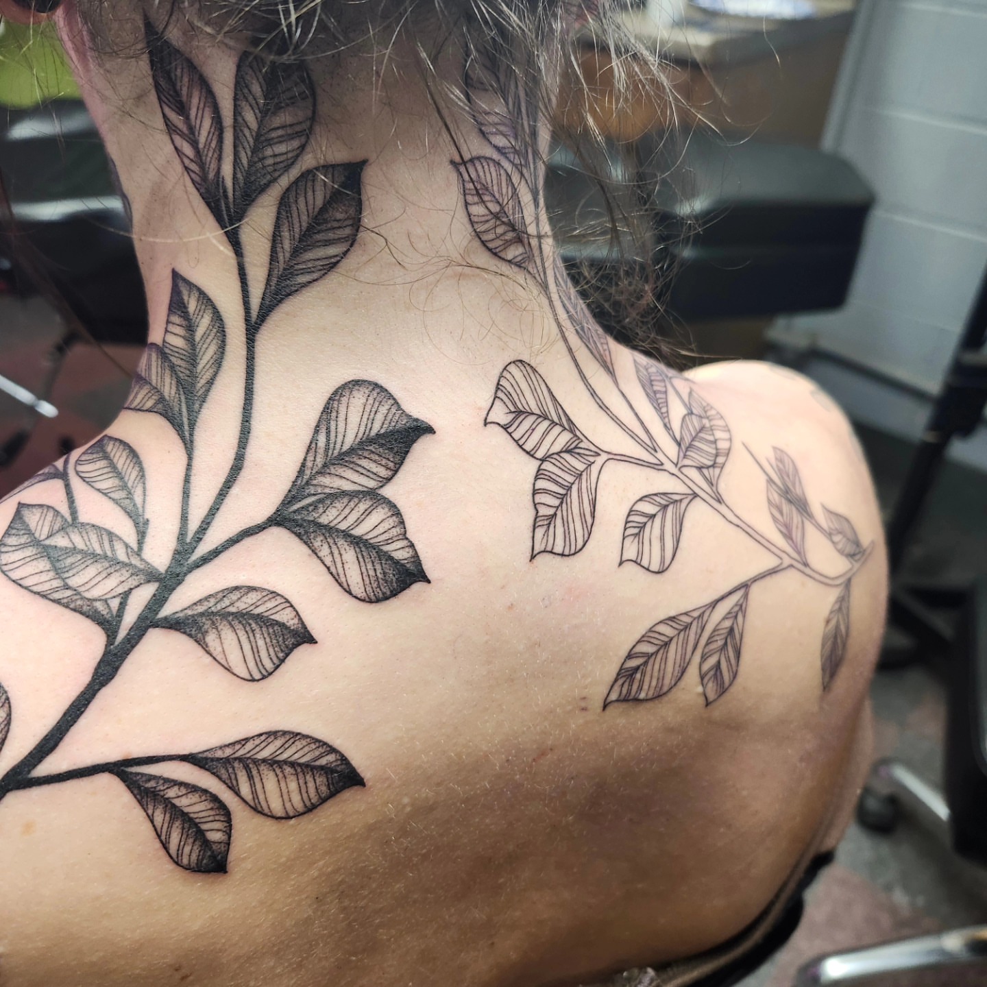 Branch with leaves black and grey tattoo on the shoulder by CASEY JENSEN ✨ Fort Collins CO