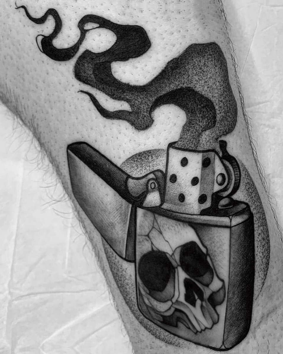 Lighter and coffee cup dotwork tattoo on the forearm by Tattoo Artist ⚔️ San Diego, CA
