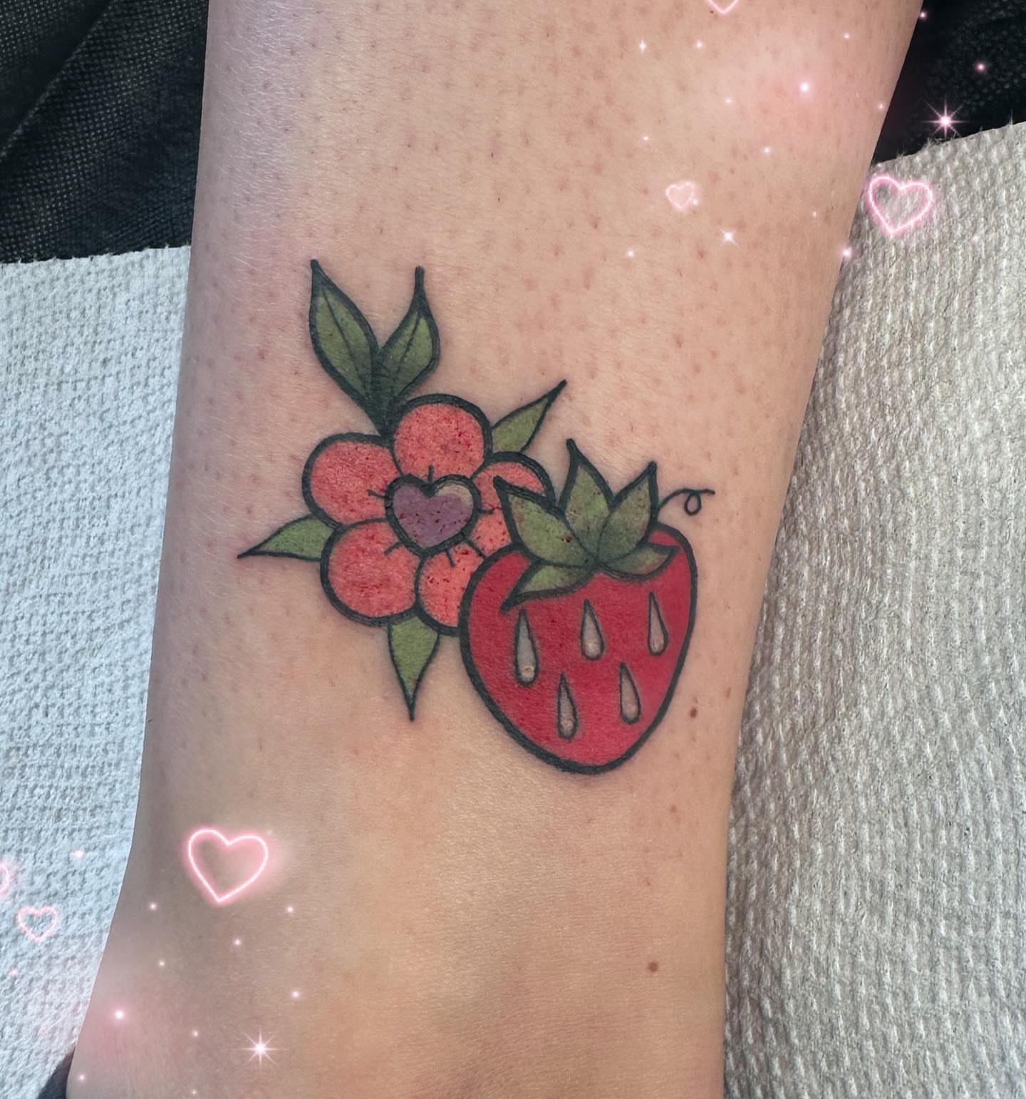 Strawberry and flowers American traditional tattoo on the forearm by ♡ Demi ♡